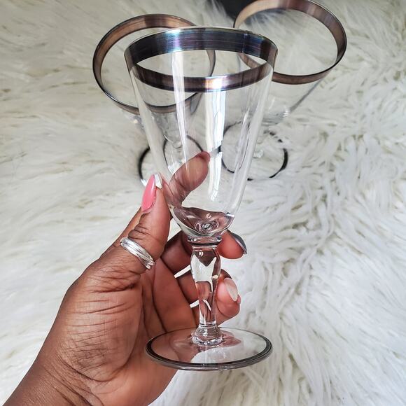 Hawkes Crystal Goblet Wine Glass Sterling Band Rimmed Signed Art Deco Set of 2 - Picture 3 of 12